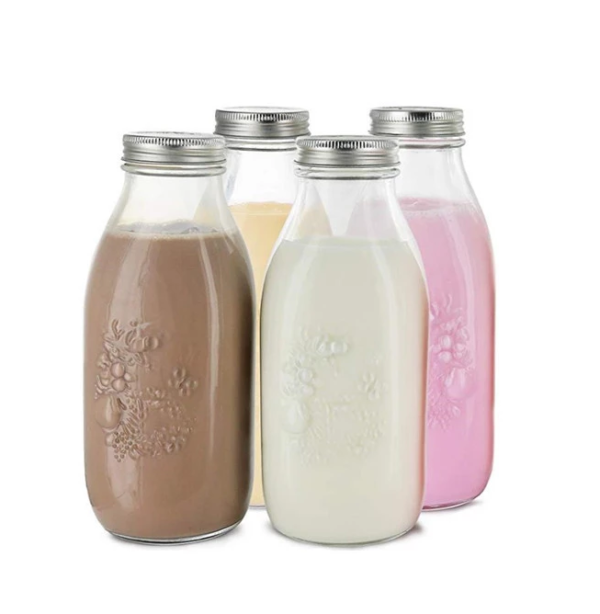 Custom glass milk bottle with embossed logo