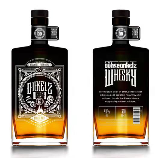 black whisky bottle with printing